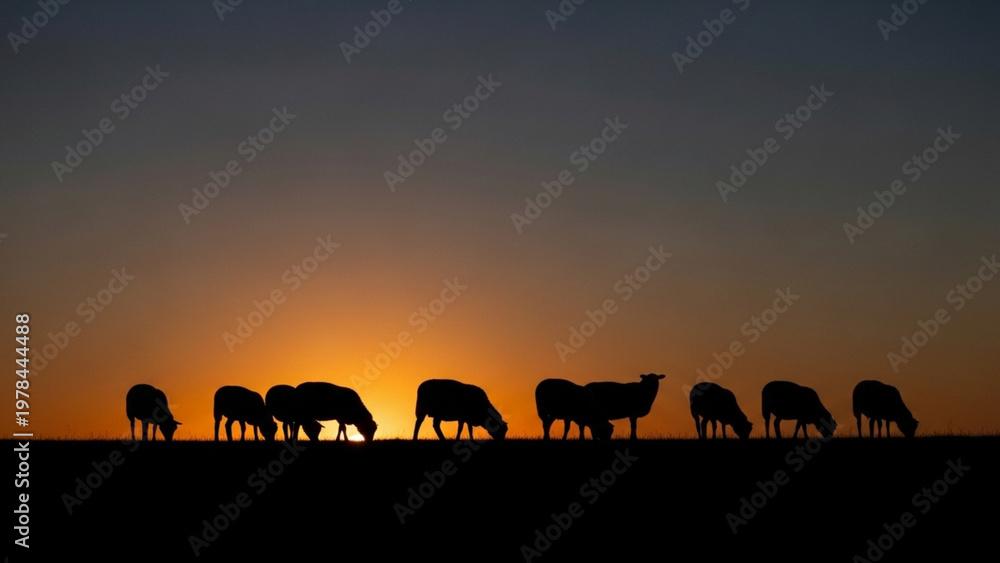 Obraz premium Silhouette of a flock of sheep grazing on the horizon during a vibrant sunset: Rural landscape