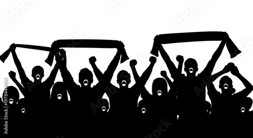People cheering with raised arms silhouette.