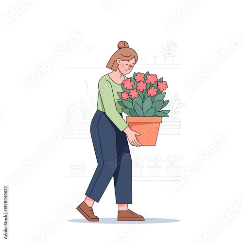 Woman carrying a potted plant.