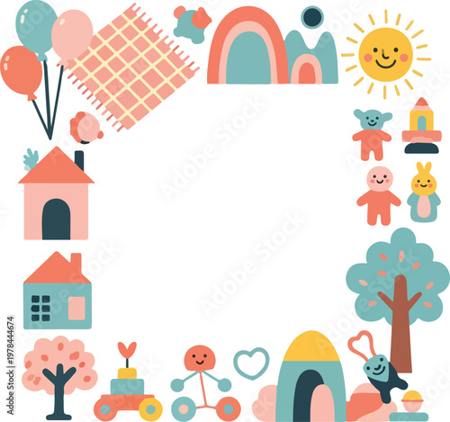 Cute Hand Drawn Kids Toys and Playtime Border Frame for Childrens Day Design