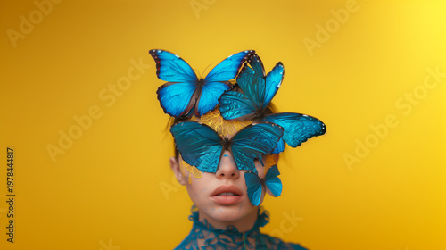 A woman with a blue butterfly perched on her head, creating a delicate and whimsical portrait that blends beauty with a touch of fantasy.