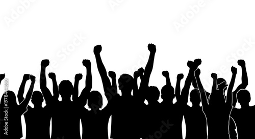 Silhouettes of people raising fists up.