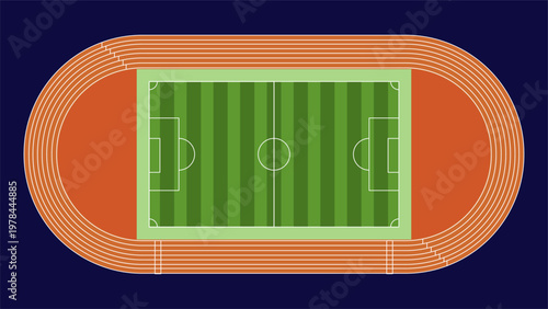 Modern Stadium Layout Vector with Track Oval and Football Pitch Top View