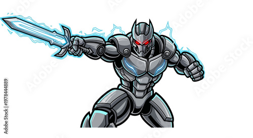 Futuristic 3d illustration of a female cyborg knight in metallic armor and helmet standing on a white background as a sci-fi robot soldier character