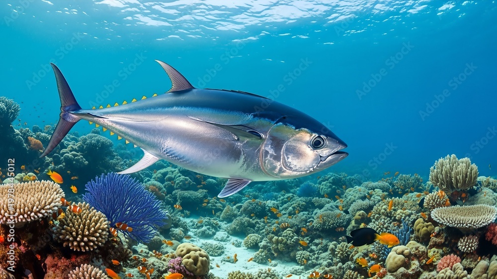 Fototapeta premium A large tuna fish swims gracefully through a vibrant coral reef ecosystem in the clear blue ocean water.
