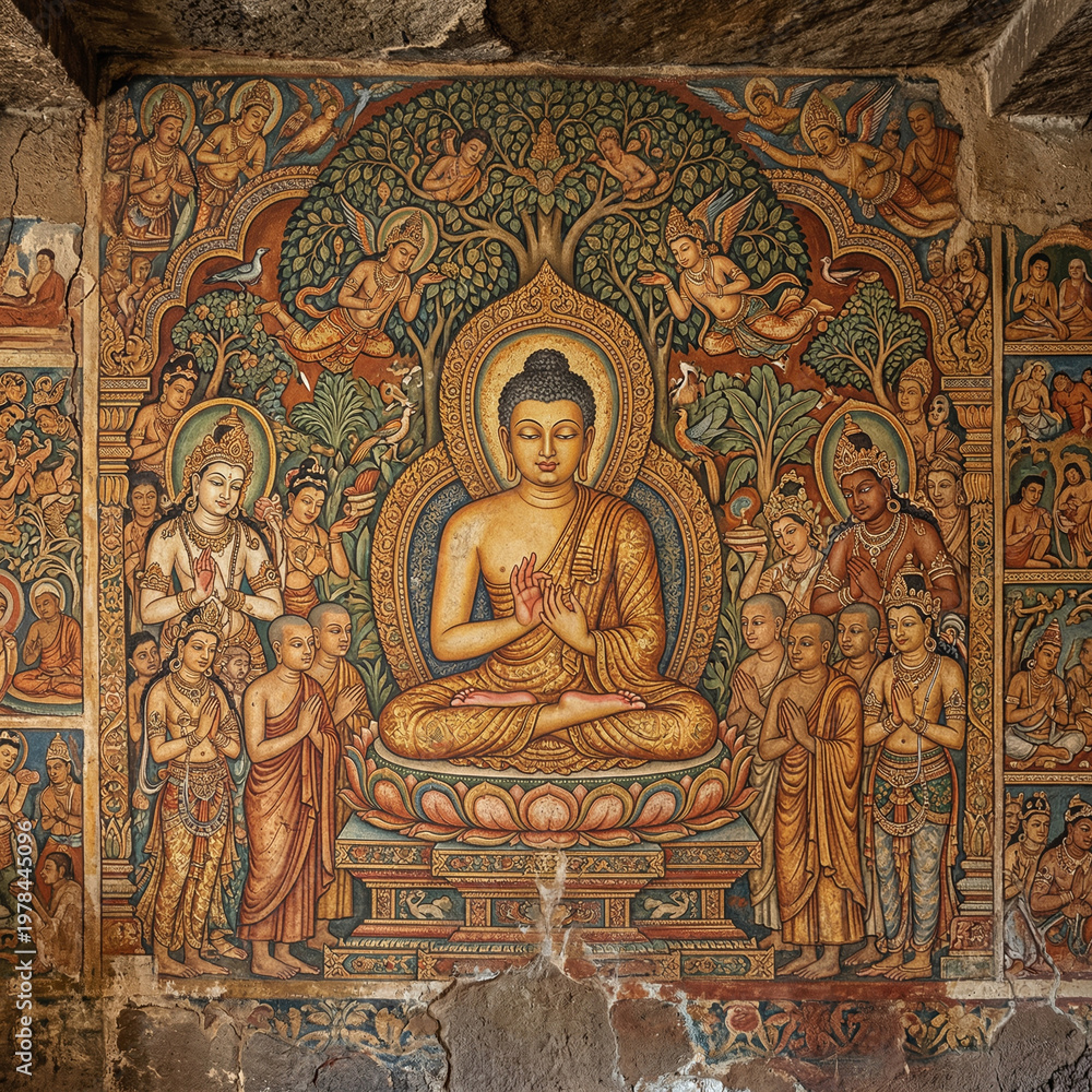 Obraz premium Ancient traditional wall mural painting of Lord Buddha with disciples in a temple