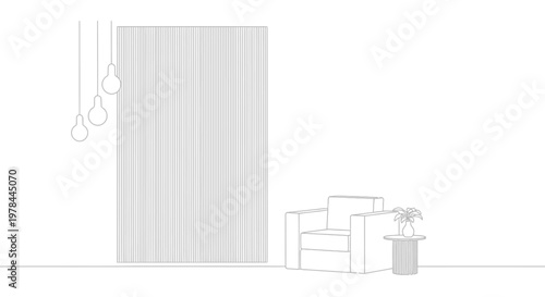 Minimalist interior scene featuring a comfortable armchair side table and textured wall art