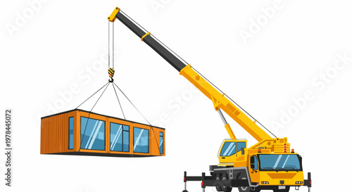 Mobile crane lifting modular container house, industrial yellow truck crane with telescopic boom, modern prefabricated building construction vector