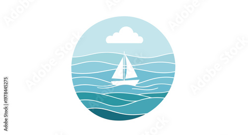 A summer travel illustration of a nautical sailing yacht and sailboat vessel cruising on blue ocean waves under a sunny sky