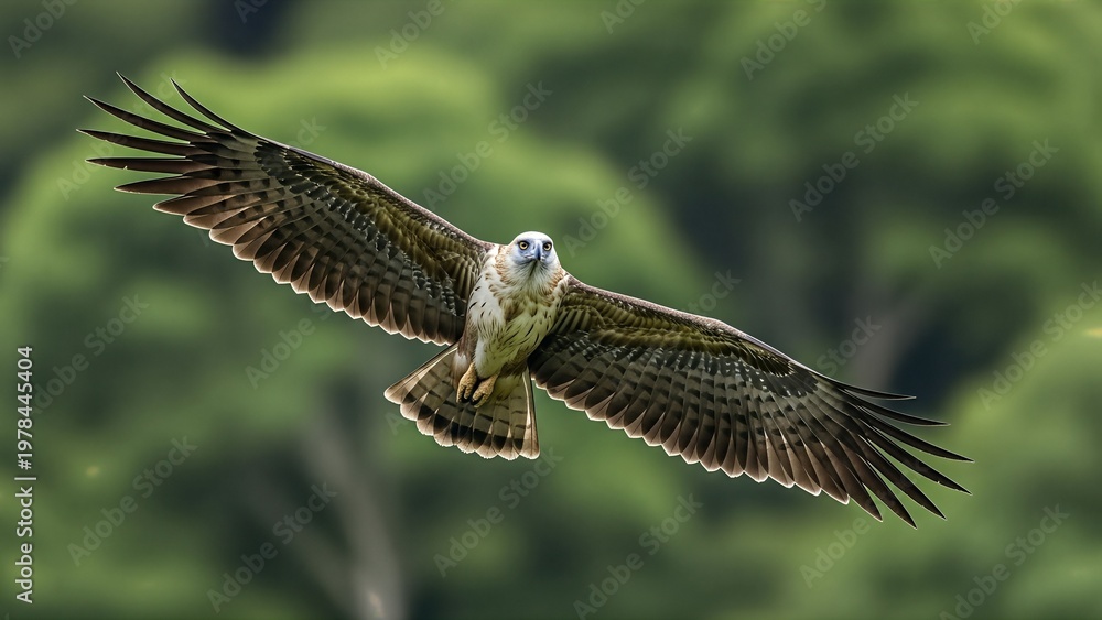 Obraz premium Majestic Philippine Eagle in flight, showcasing its impressive wingspan against a blurred green forest background.
