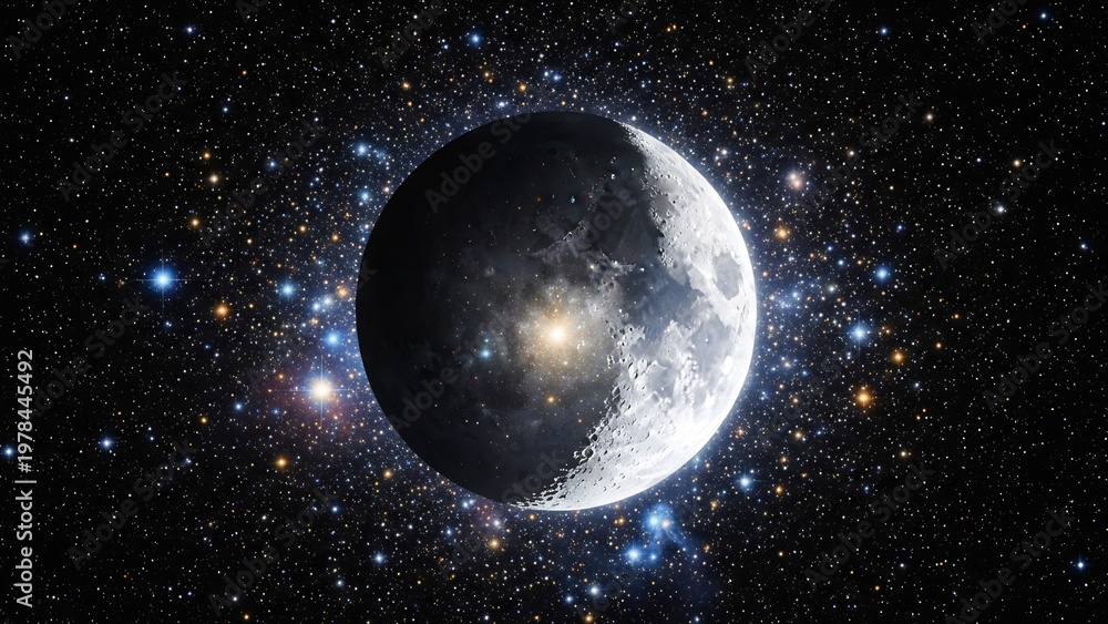 Fototapeta premium Cinematic crescent moon and planet in deep space: Vibrant galaxy background with glowing stars and nebulae