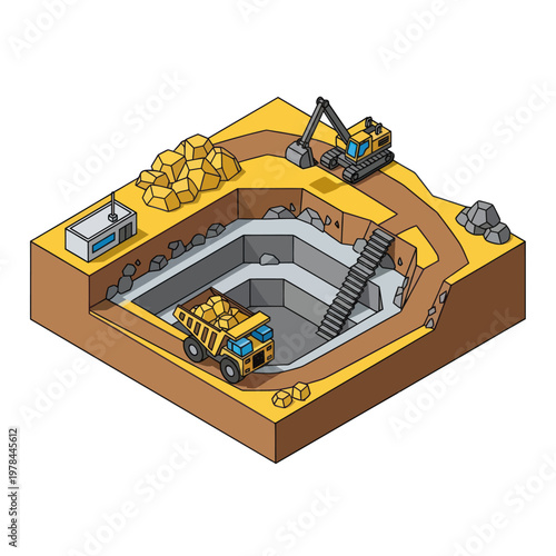 Isometric Mining Site with Heavy Machinery.