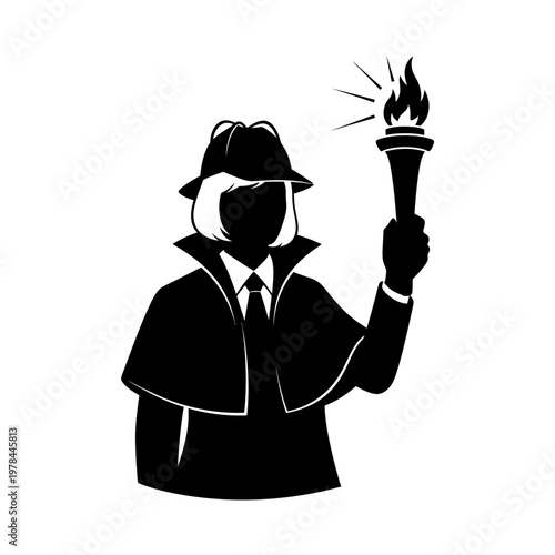 Silhouette of a detective holding a torch with a flame.