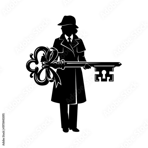 Silhouette of a Detective Holding an Ornate Key in Monochrome.