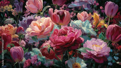 Vibrant oil painting depicts a dense collection of blooming garden flora in rich colors