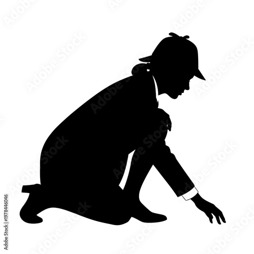 Silhouette of a detective in a crouching position investigating.