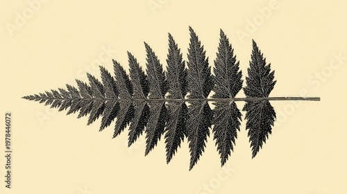 Detailed botanical illustration depicts a single dark frond segment against a pale background