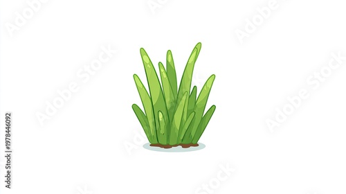 Clump of bright green, stylized foliage sprouts from a small patch of brown earth