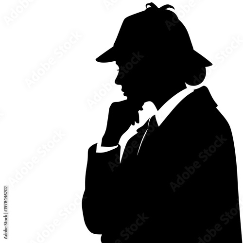 Silhouette of a Detective in Thoughtful Pose Against White Background.