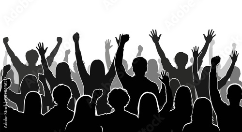 People cheering with raised hands.