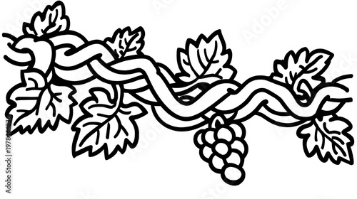 Stylized intertwined vine motif featuring leaves and a hanging bunch of fruit rendered in black outline