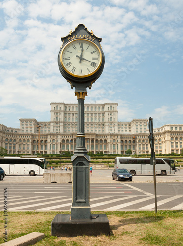 Parlament palace, or Palace of Nation and decorative clock in Bucharest, Romania