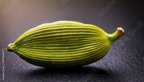 Close-up of a vibrant green cardamom pod on dark surface.