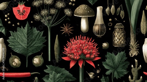 Assorted botanicals and culinary ingredients are richly illustrated against a dark background.