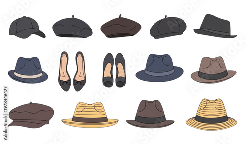 Stylish headwear illustration set with trendy caps berets and classic fashion hats