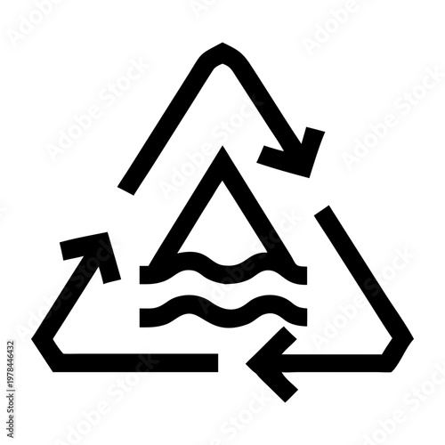 Water Recycling Icon: A modern graphic of water recycling concept, with the universally recognized recycling symbol encompassing a stylized water wave illustration.