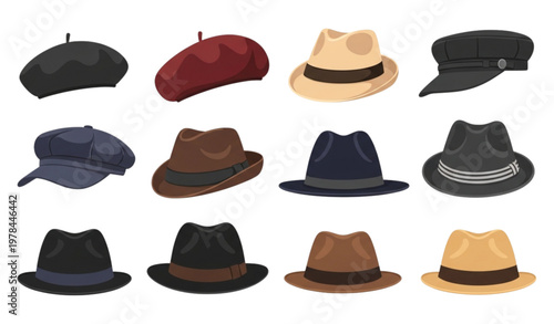 Fashion hats vector set with beret cap panama and vintage headwear for men and women