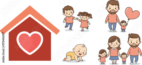 Happy Family and Sweet Home Illustration Set for Mother's Day and Family Charity Concept