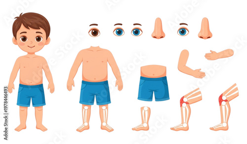 Kids body parts vector set with cartoon boy anatomy for preschool education learning