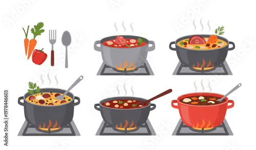 Steaming stew pots illustration set with hot soups and kitchen cooking scene