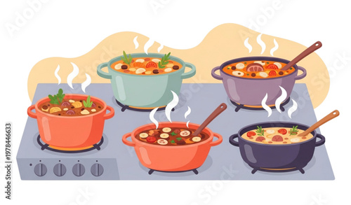 Delicious stew pots vector illustration set with steaming soups on stove