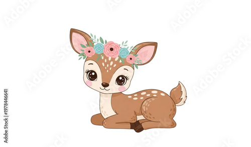 Adorable fawn illustration with flower crown resting for children and nursery design