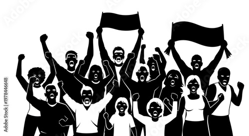 People celebrating with raised fists and flags.