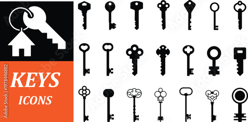 Keys icon set collection group, key, lock, unlock, security, access, house, door, property symbols, vintage and modern key shapes in flat and line style black vector illustration isolated