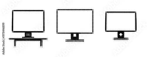 Computer monitors displayed on different stands and desks. not ideal dots
