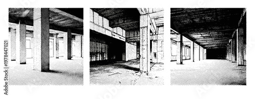 Empty industrial interior spaces in halftone triptych layout. not ideal dots