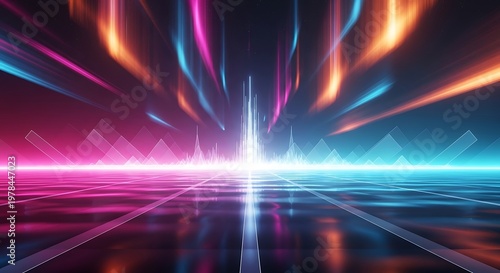Vibrant neon glow abstract horizon with radiant light beams and colorful streaks on a futuristic grid background