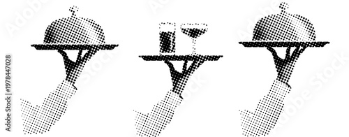 Waiter hands holding serving trays with cloches and glasses. not ideal dots