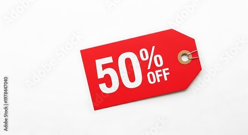 50 percent discount red sale tag isolated on white background, promotional price label for shopping marketing campaign retail clearance concept