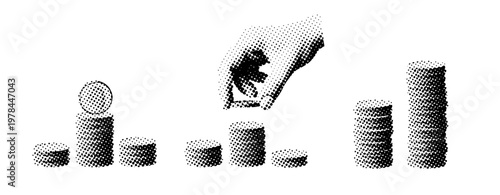 Hand placing coin among progressive stacks on white background. not ideal dots