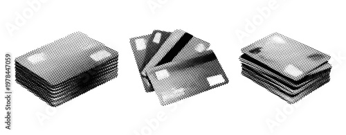 Credit cards arranged in stacks on white background. not ideal dots