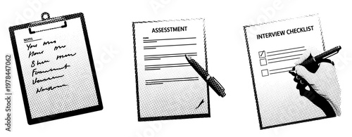 Clipboard forms and checklists being filled out with pen. not ideal dots