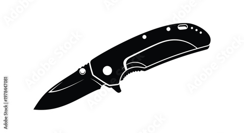 Black folding knife partially open isolated on white sharp design silhouette