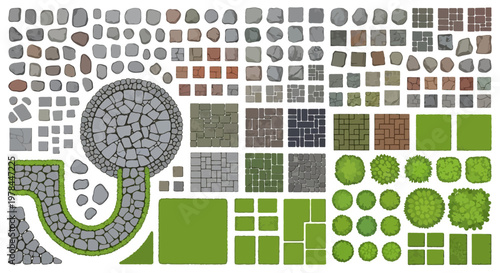 Collection of assorted rocks and stones with tree stump vector illustration