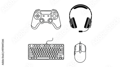 Gaming Essentials: A sleek collection of gaming peripherals, featuring a gamepad, headset, keyboard, and mouse, perfect for enthusiasts seeking immersive digital experiences.