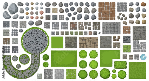 Collection of assorted rocks and stones with tree stump vector illustration